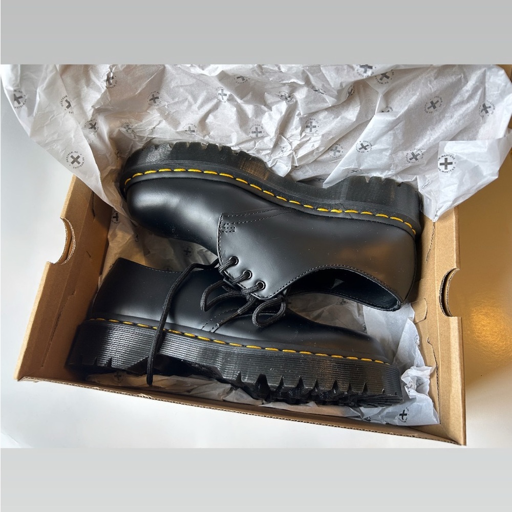 Dr. Martens Black Leather Oxfords with Iconic Yellow Stitching
